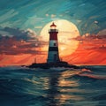 Minimalist Post-impressionism Art: Colorful Sunset In A Lighthouse