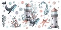 Lighthouse with whale, shell, coral, algae, starfish, bubbles. Watercolor illustration, hand drawn. Nautical set of Royalty Free Stock Photo