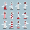 Lighthouses with clouds flat vector illustrations set