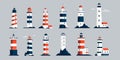 Lighthouses collection. Cartoon nautical navigation light tower, lighthouse beacon and light house symbol, marine