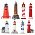 Lighthouses Collection. Night Sailing Building In Seaport Security Searchlights Vector Illustrations