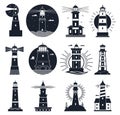 Lighthouses logo. Nautical vintage label, sea beacons, ocean with waves and seagulls. Night lighthouse tower, navigation Royalty Free Stock Photo