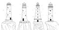 Lighthouses on the rock in retro style. Set black white signal towers vector line sketch isolated illustrations. Royalty Free Stock Photo