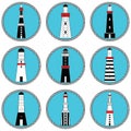 Lighthouses in vary shapes and styles collection set in nautical colors in knotted circle shape representing coastal vintage arch