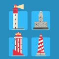 Lighthouses vector flat searchlight towers for maritime navigation guidance ocean beacon light safety security symbol Royalty Free Stock Photo