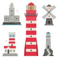 Lighthouses vector flat searchlight towers for maritime navigation guidance ocean beacon light safety security symbol Royalty Free Stock Photo