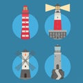 Lighthouses vector flat searchlight towers for maritime navigation guidance ocean beacon light safety security symbol Royalty Free Stock Photo