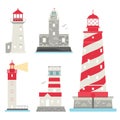 Lighthouses vector flat searchlight towers for maritime navigation guidance ocean beacon light safety security symbol Royalty Free Stock Photo