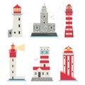 Lighthouses vector flat searchlight towers for maritime navigation guidance ocean beacon light safety security symbol Royalty Free Stock Photo