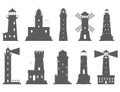 Lighthouses vector silhouette flat searchlight towers for maritime navigation guidance ocean beacon light safety Royalty Free Stock Photo