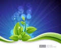 Lighting blue background with eco leaves and green wave Royalty Free Stock Photo