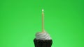 Lighting a blue candle on a delicious cupcake, green screen