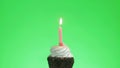 Lighting a blue candle on a delicious cupcake, green screen