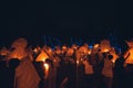 Lighting candles, lanterns in the sky at night in the Lantern Festival