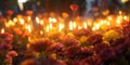 Lighting candles between orange flowers. Generative Ai. Royalty Free Stock Photo