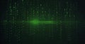 Lighting central green flare revealing binary streams over dark data grid with lens streaks, nodes Royalty Free Stock Photo