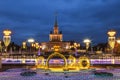 Lighting design of the rink at VDNH on Christmas and new year holidays in the evening, Moscow