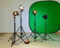 Lighting equipment for filming in the interior. Green background for chromakey