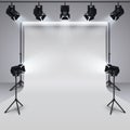 Lighting equipment and professional photography studio white blank background. 3d vector illustration