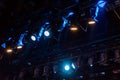 Lighting equipment on the stage of the theater or concert hall. Rays of light from the floodlights Royalty Free Stock Photo