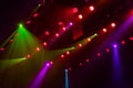 Lighting equipment on the stage of a theatre or concert hall. The rays of light from spotlights. Halogen and led light bulbs Royalty Free Stock Photo