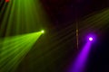 Lighting equipment on the stage of a theatre or concert hall. The rays of light from spotlights. Halogen and led light bulbs Royalty Free Stock Photo