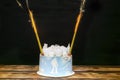 Lighting firework candle, sparkler on fire in blue sponge vanilla creamy cake with round marshmallow, chocolate