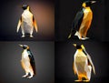 A lighting gold low polygon model of a penguin standing 4 styles on the black background.