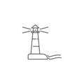 Lighting lighthouse and ocean water vector icon symbol isolated on white background