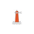 Lighting lighthouse and ocean water vector icon symbol isolated on white background