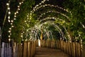 Lighting line hang on to the tree decor on to cave concept on the wood terrace walking way with darken around Royalty Free Stock Photo