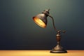 lighting retro desk lamp on old wood table with space of rough cement wall in vintage color tone Royalty Free Stock Photo