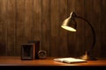 lighting retro desk lamp on old wood table with space of rough cement wall in vintage color tone Royalty Free Stock Photo