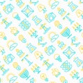 Lighting seamless pattern with thin line icons: bulb, LED, CFL, candle, table lamp, sunlight, spotlight, flash, candelabrum,