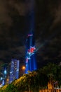 Lighting show in Grand opening Mahanakhon tower in night time. New highest building landmark in Thailand