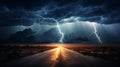 Lighting sky danger and asphalt road landscape, dark background. AI generated Royalty Free Stock Photo