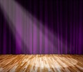 Lighting on stage. Purple curtain and wooden floor Royalty Free Stock Photo