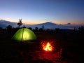 Lighting Tent, Campfire And Volcano Etna At Dawn, Sicily Royalty Free Stock Photo