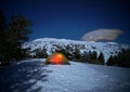 Lighting tent and moonlight on winter Volcano Etna landscape, Sicily Royalty Free Stock Photo