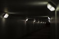 Lighting in the tunnel. Pedestrian crossing with lamps. LED light in a long tunnel under the track