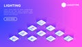 Lighting web page template with thin line isometric icons: bulb, LED, CFL, candle, table lamp, sunlight, spotlight, flash,