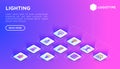Lighting web page template with thin line isometric icons: bulb, LED, CFL, candle, table lamp, sunlight, spotlight, flash,