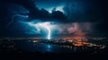 Lightning above the lake. Lightning thunderstorm flash over the night sky over the city. Beautiful view of dramatic dark Royalty Free Stock Photo