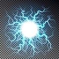 Lightning ball isolated on dark checkered background. Transparent round thunderbolt effect. Realistic lightning decoration pattern