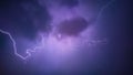 Lightning bolt between black clouds at night, amazing and dramatic view Royalty Free Stock Photo