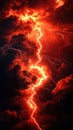 Lightning bolt with branching fingers. Scary massive red strike with dark clouds vertical image Royalty Free Stock Photo