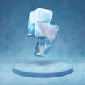 Lightning Bolt icon. Cracked blue Ice Lightning Bolt symbol on blue snow podium