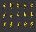 Lightning bolt icon set. Thunder flash electric voltage electricity symbols, simple yellow zig zag silhouette with Royalty Free Stock Photo