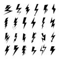 Lightning bolt icons. Speed of flash, thunderbolt storm symbols and electric power vector pictogram set Royalty Free Stock Photo