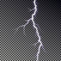 Lightning bolt isolated on dark checkered background. Transparent thunderbolt flah effect. Realistic Royalty Free Stock Photo